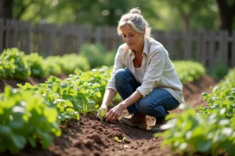 Femme d'âge moyen plantant des jeunes pousses dans un jardin communautaire
