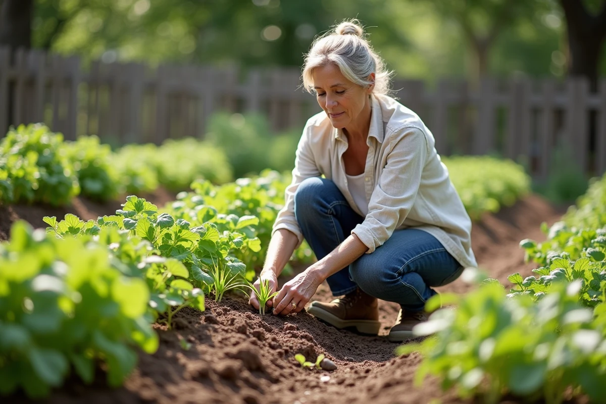 Femme d'âge moyen plantant des jeunes pousses dans un jardin communautaire