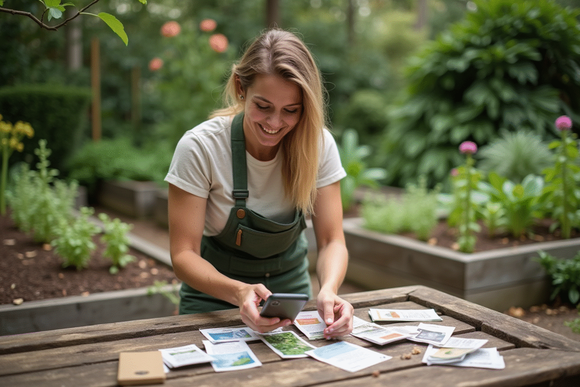 Femme en jardinage triant des sachets de graines dans le jardin