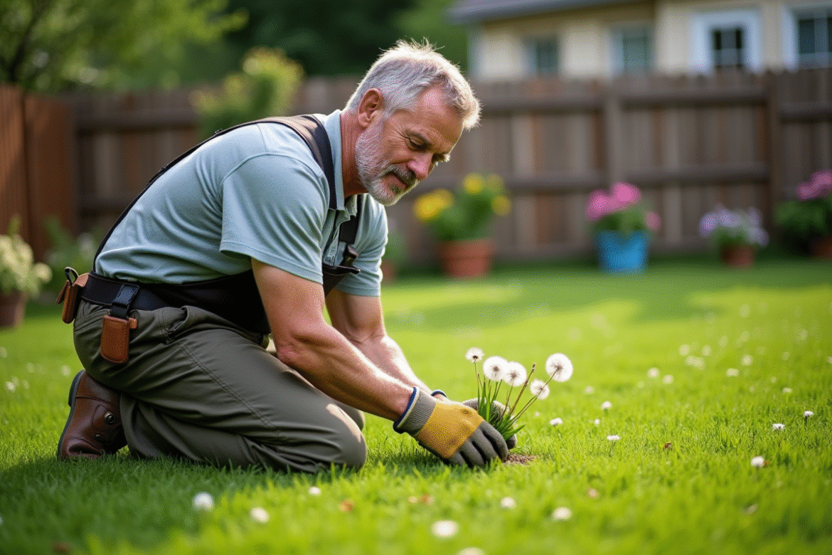 Homme moyenâgeux en tenue de jardinage arrachant des pissenlits