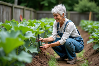 Femme en overalls posant une barriere de mesh autour des courgettes