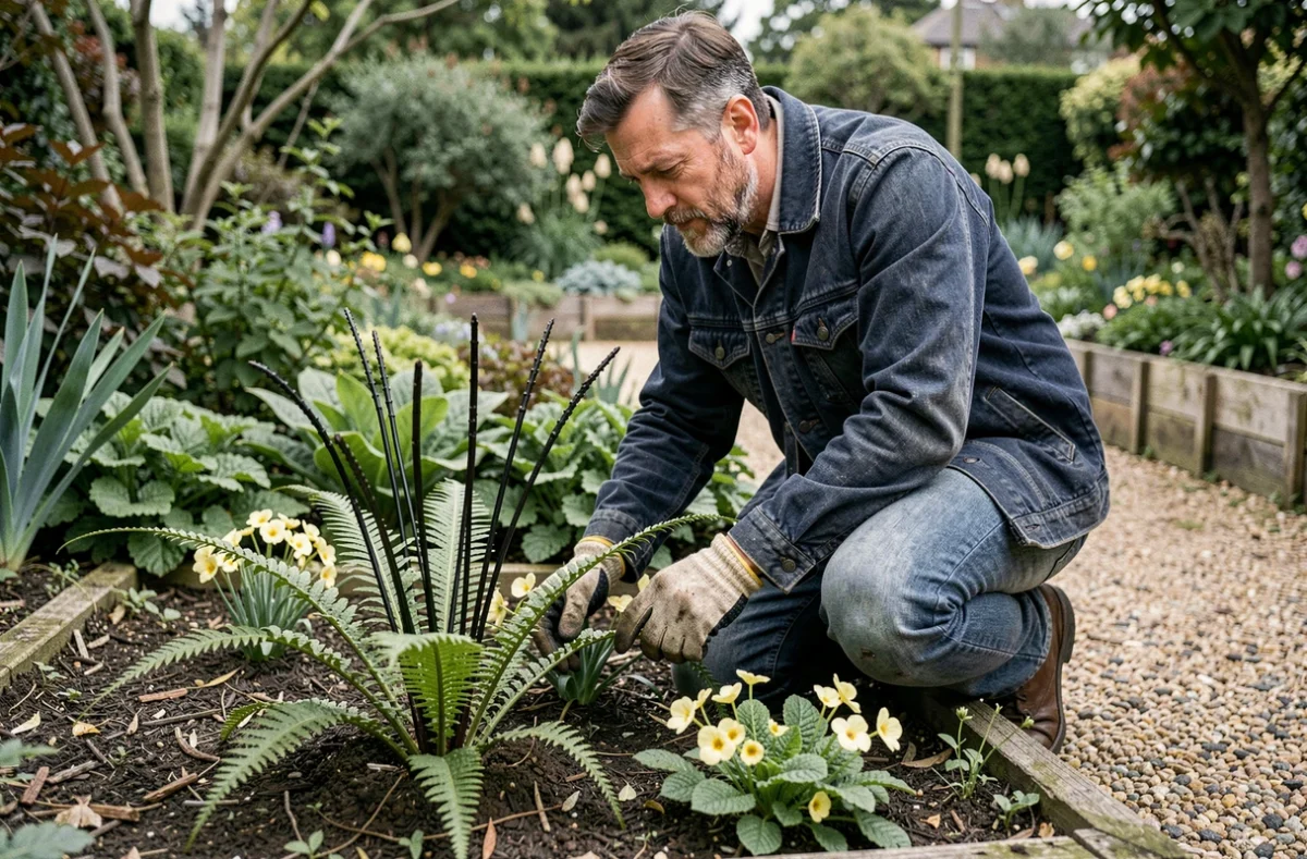 Jardinier agenouillé inspectant des fougères à tiges noires et primevères rares dans un jardin soigné en plein air