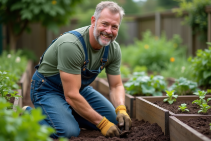 Homme jardinier en overalls dans un potager verdoyant