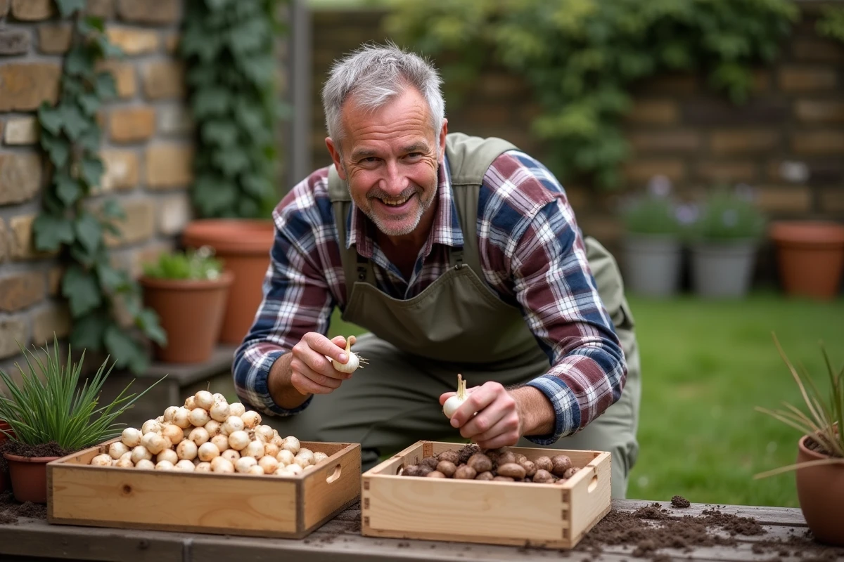 Jardinier d'âge moyen en tablier examinant des bulbes de narcisses et jonquilles séparés sur un établi de jardinage, illustrant comment identifier et différencier les deux types de bulbes avant la plantation