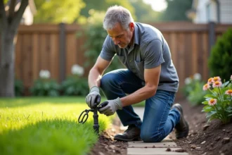 Homme en vêtements de jardinage inspectant un raccord d'arrosage