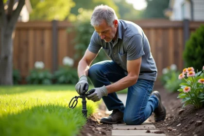 Homme en vêtements de jardinage inspectant un raccord d'arrosage
