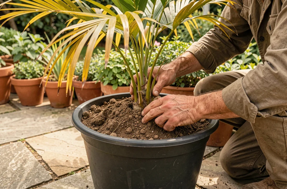 Jardinier inspectant le sol sec d'un palmier en pot sur une terrasse, vérifiant les causes de jaunissement des feuilles