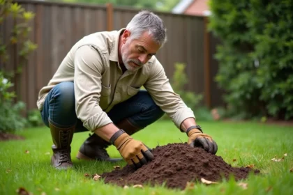 Jardinier inspectant une taupinière dans son jardin pour évaluer les dégâts causés par les taupes