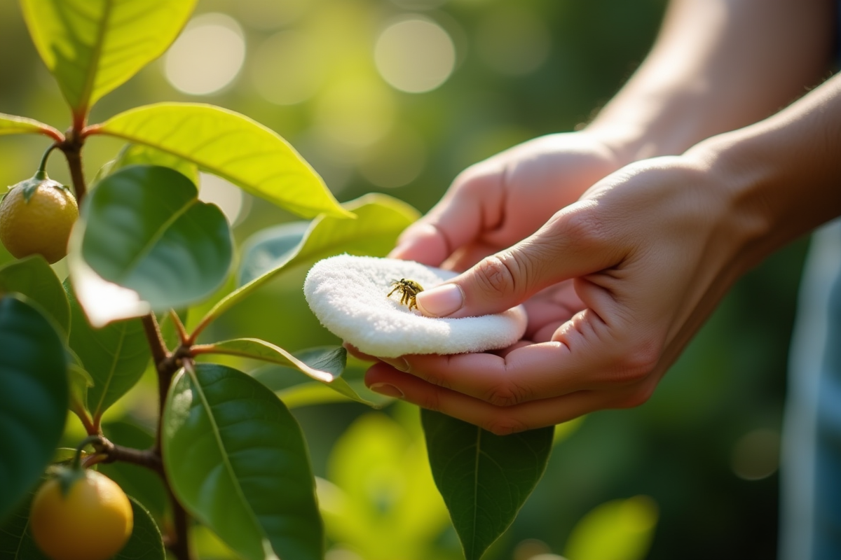 Jardinier essuie une feuille de citron avec un coton