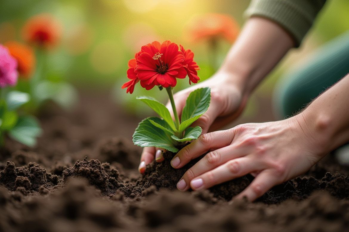 Jardinier plantant un geranium dans la terre