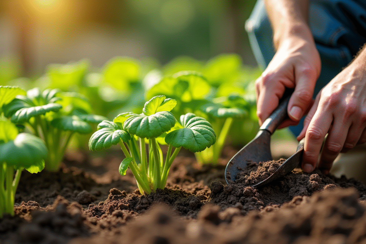 Mains de jardinier utilisant une serfouette pour ameublir la terre dans un jardin ensoleille