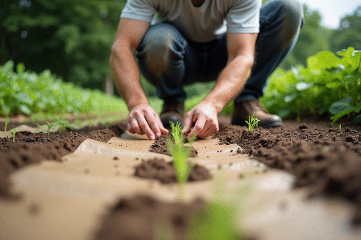 Homme jardinier examinant un tissu biodégradable dans le jardin