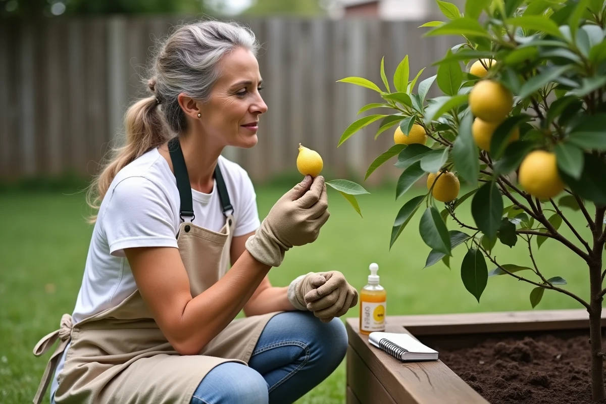 Jardinière examinant les feuilles jaunissantes d'un citronnier dans un potager surélevé