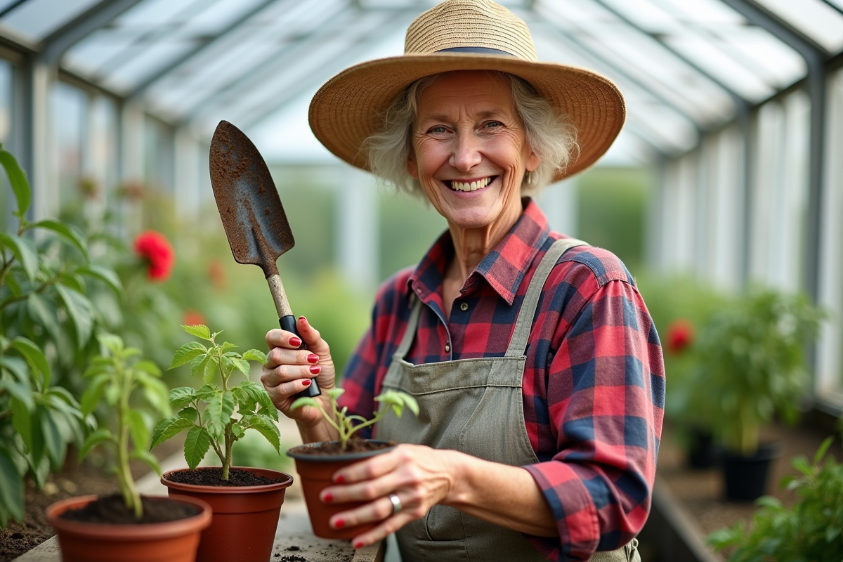 Femme jardiniere dans une serre en train de planter des tomates