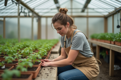 Femme en serre avec jeunes plants et graines
