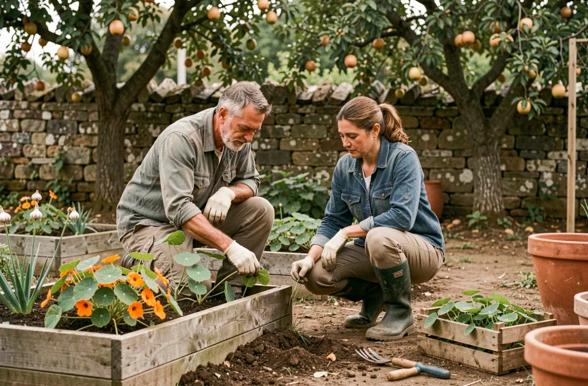 Deux jardiniers transplantant des plants de christophines en association avec des capucines et de l'ail dans des carrés potagers surélevés