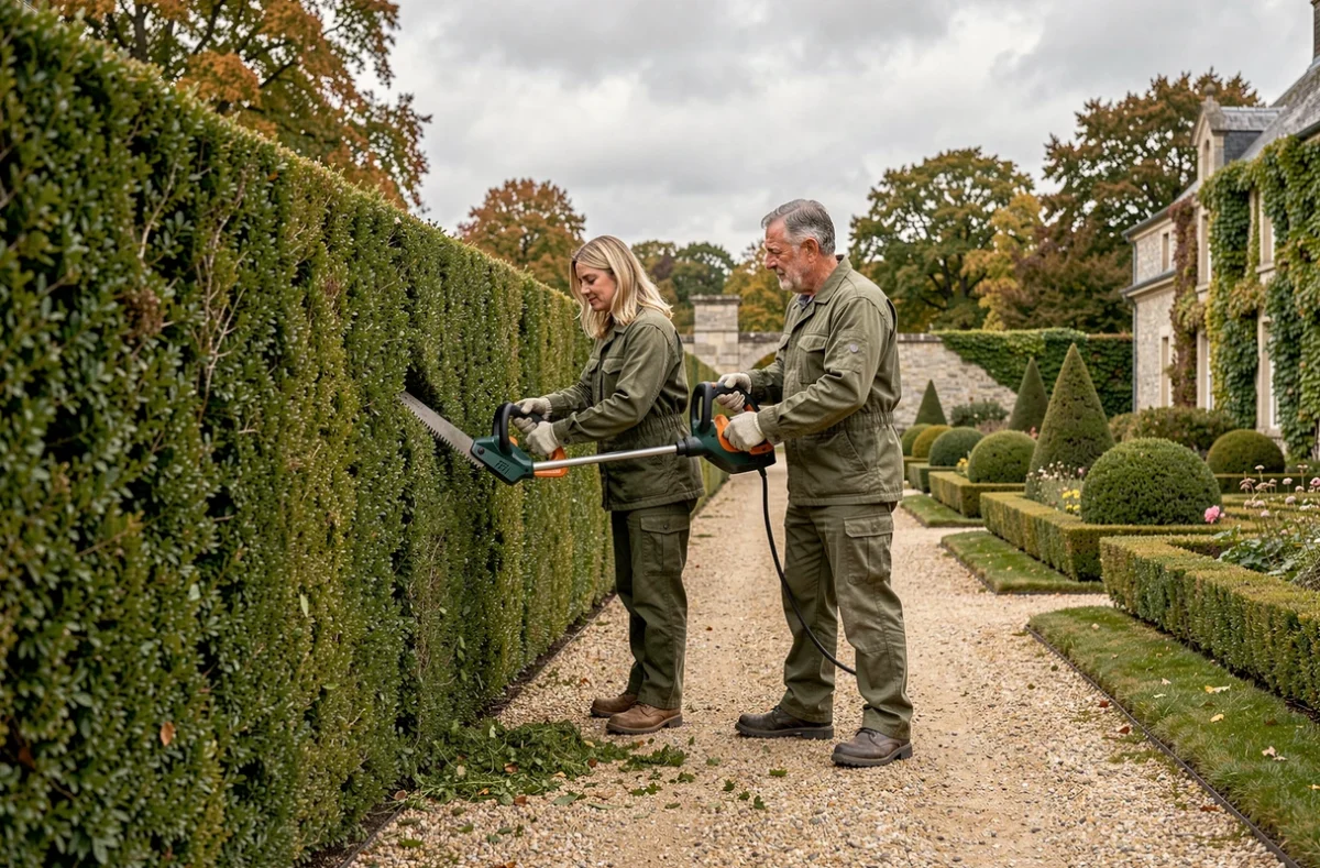 Deux jardiniers paysagistes taillant une haie de buis dans un jardin à la française avec allée de gravier