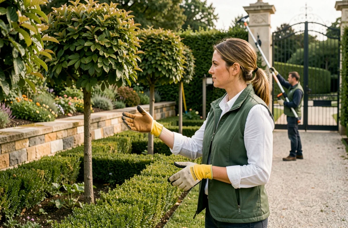 Paysagiste des Jardins de Gally supervisant l'élagage d'arbres dans un jardin privé des Hauts-de-Seine