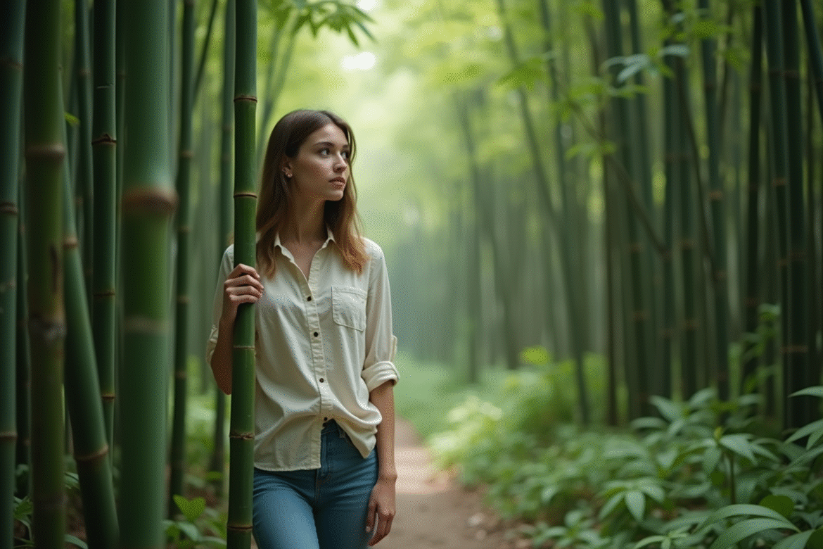 Jeune femme dans une forêt de bambous verte