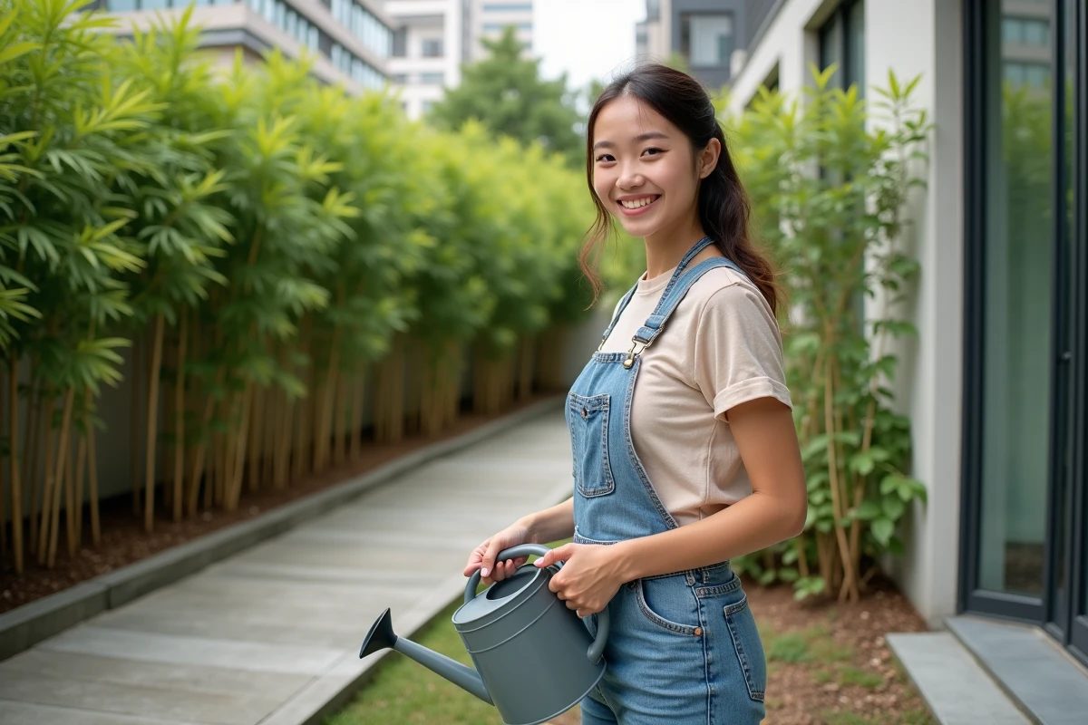 Jeune femme souriante arrosant des jeunes plants de bambou dans son jardin