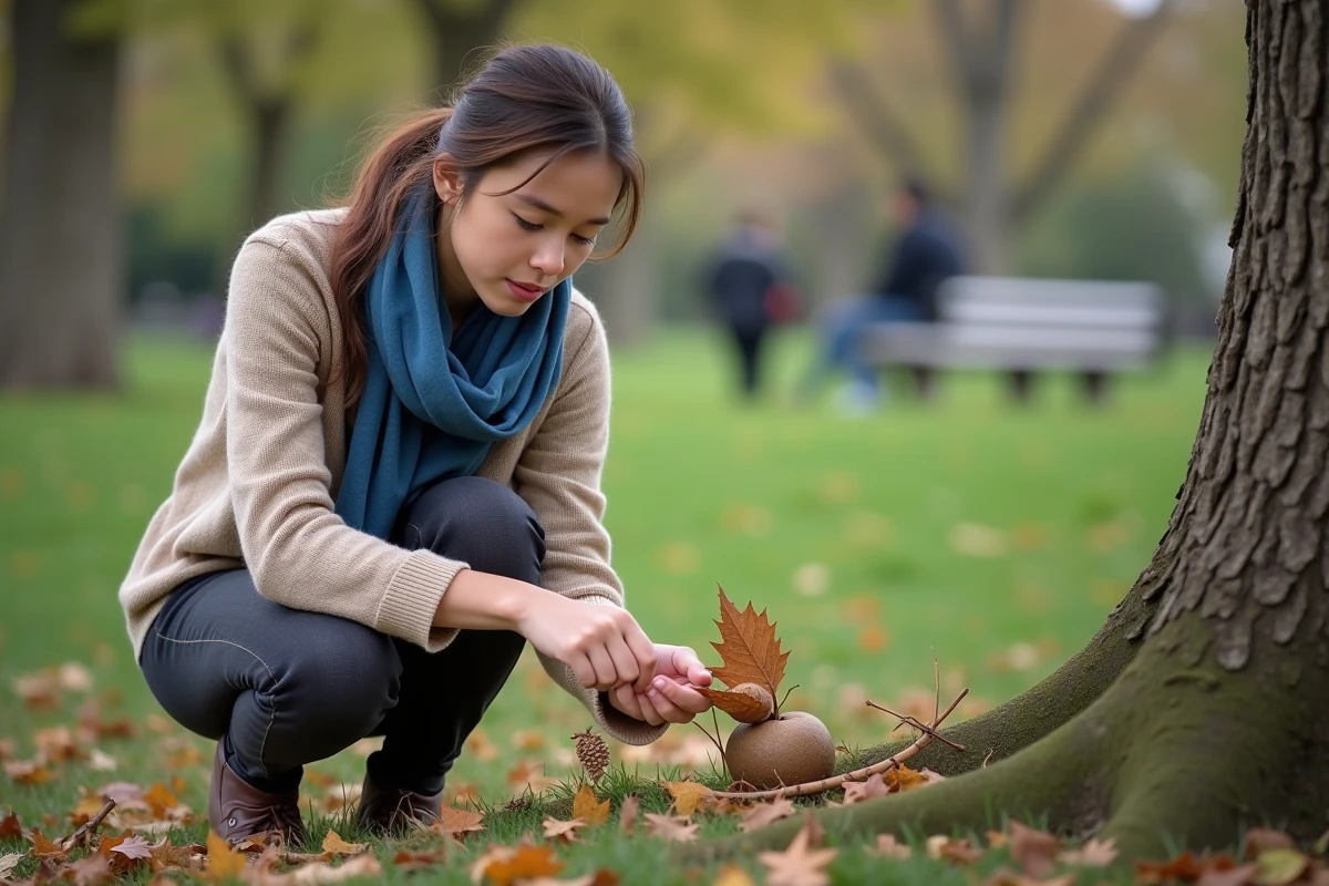Jeune femme observant des galles de chêne dans un parc urbain