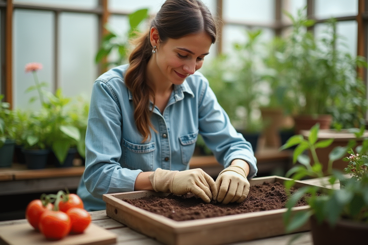 Femme en jardinage semant des graines de tomates dans un serre