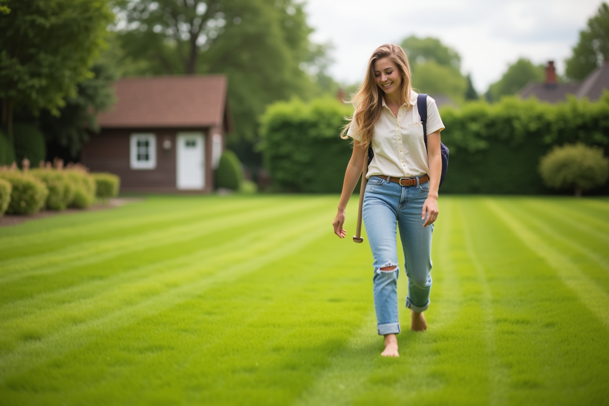 Jeune femme souriante marchant sur une pelouse verte