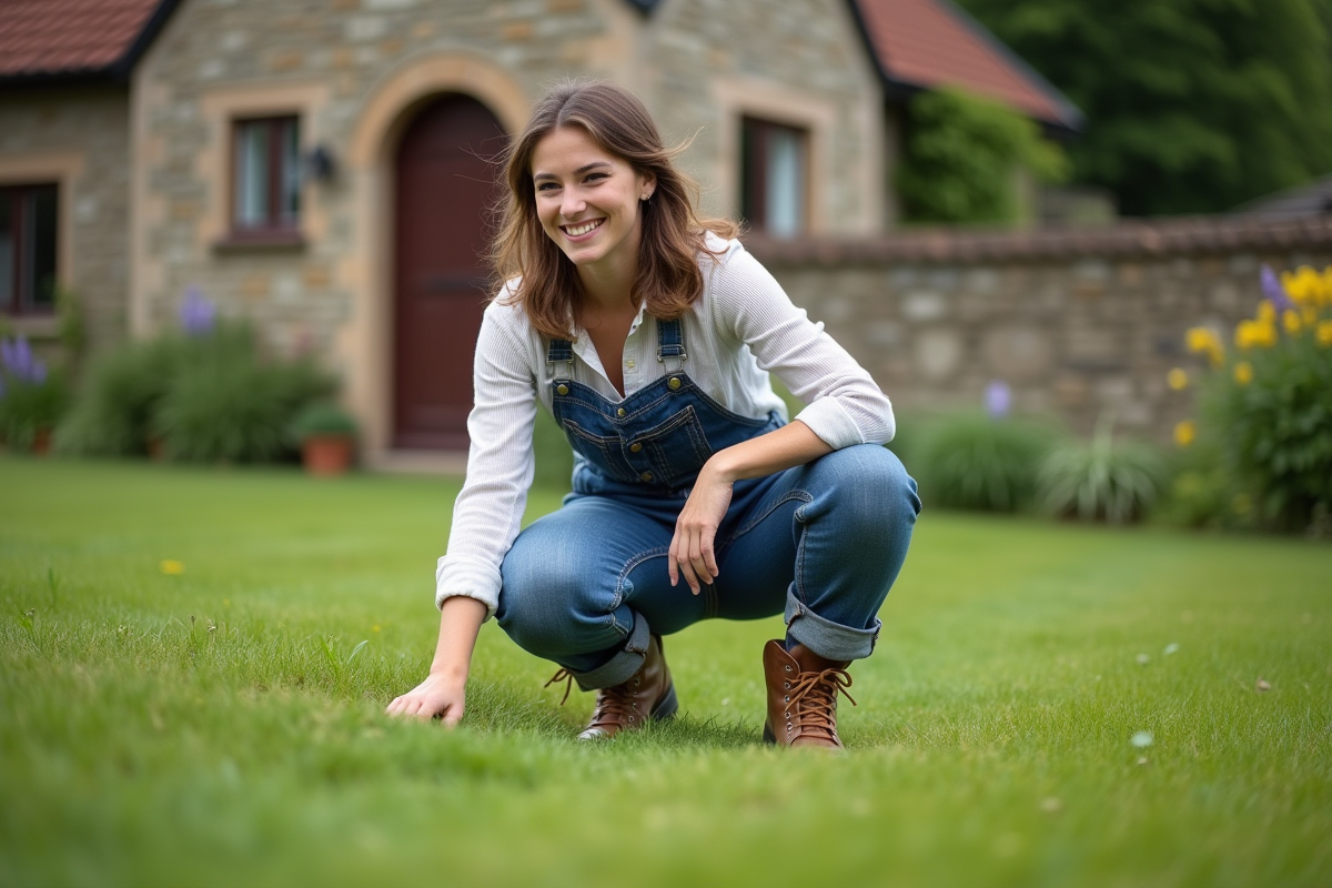 Jeune femme en overalls inspectant l
