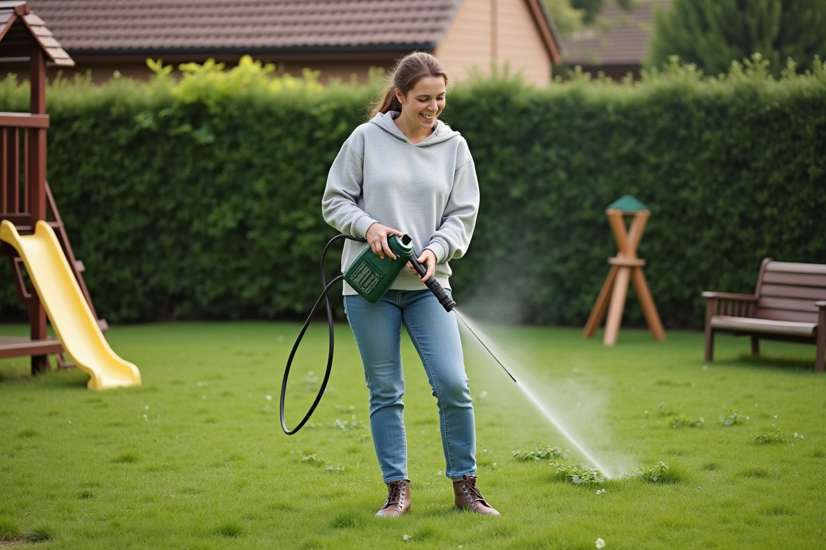 Jeune femme en jeans traitant des mauvaises herbes dans le jardin