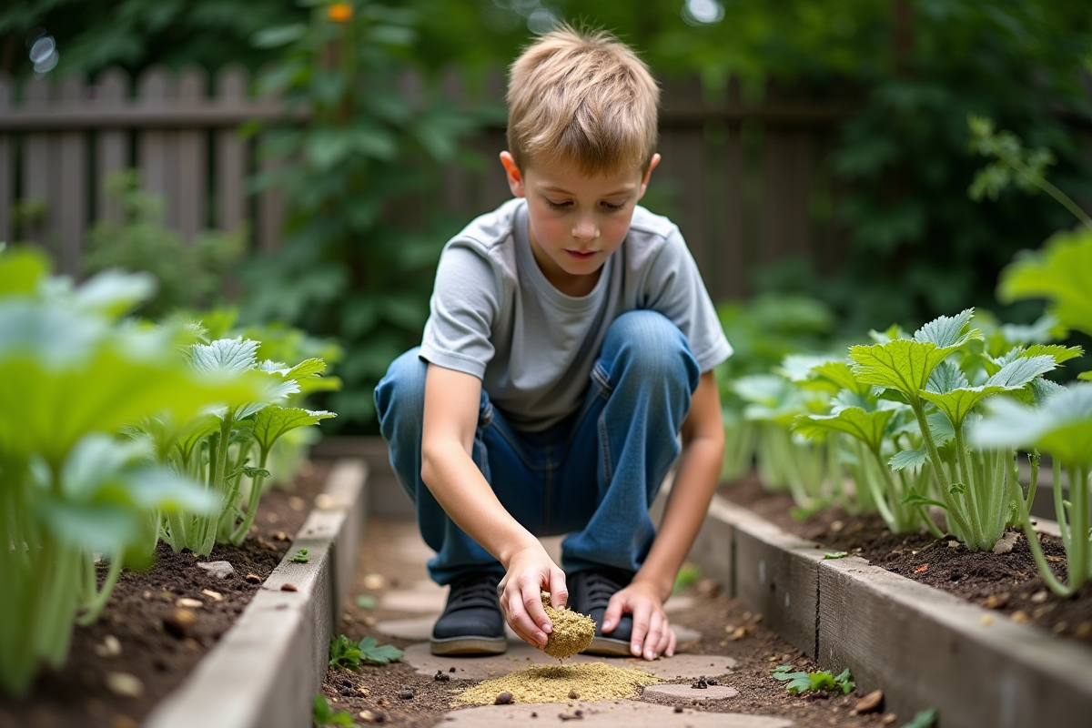 Adolescent appliquant de la poudre repelente sur les jeunes courgettes