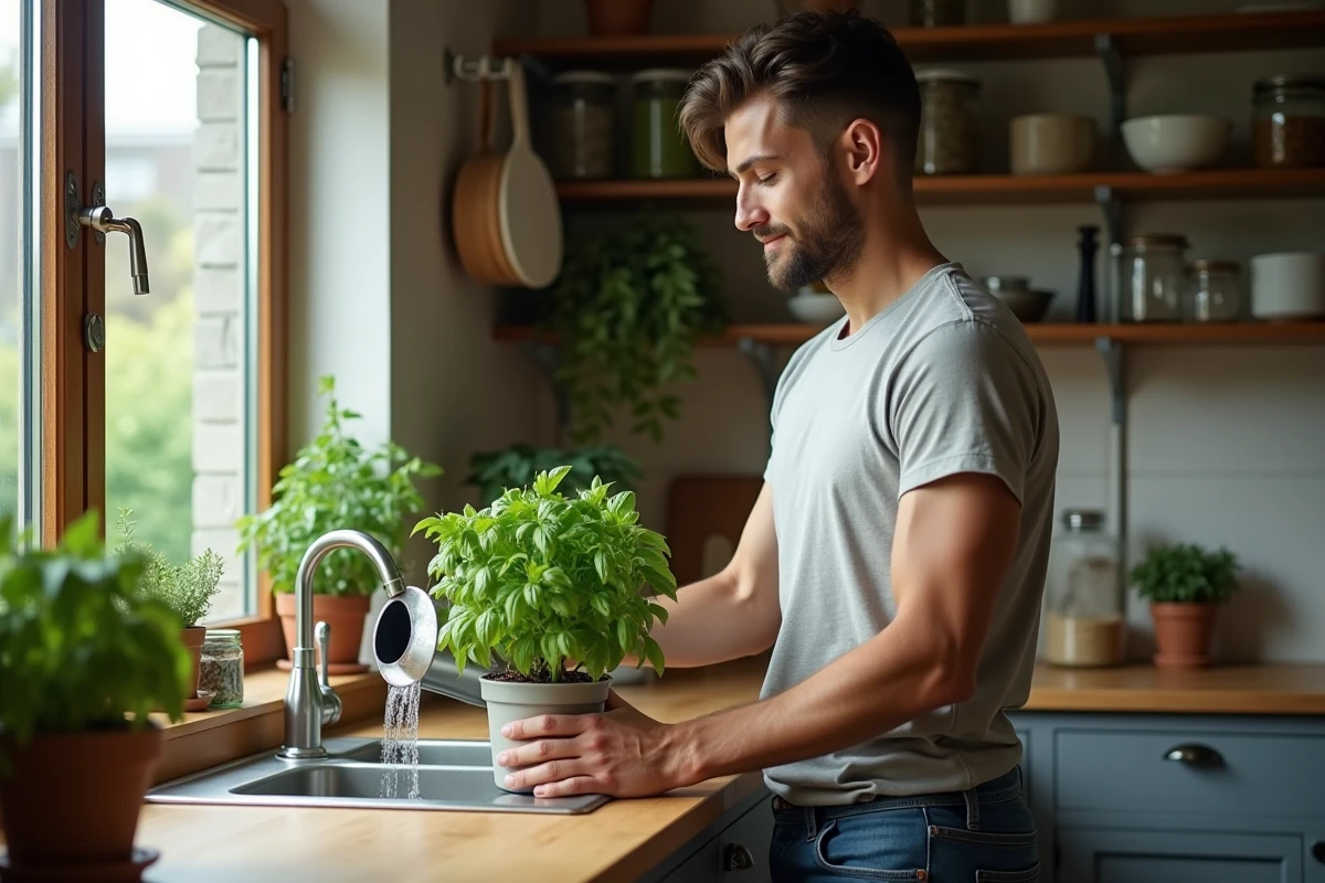 Jeune homme arrosant basilic dans sa cuisine