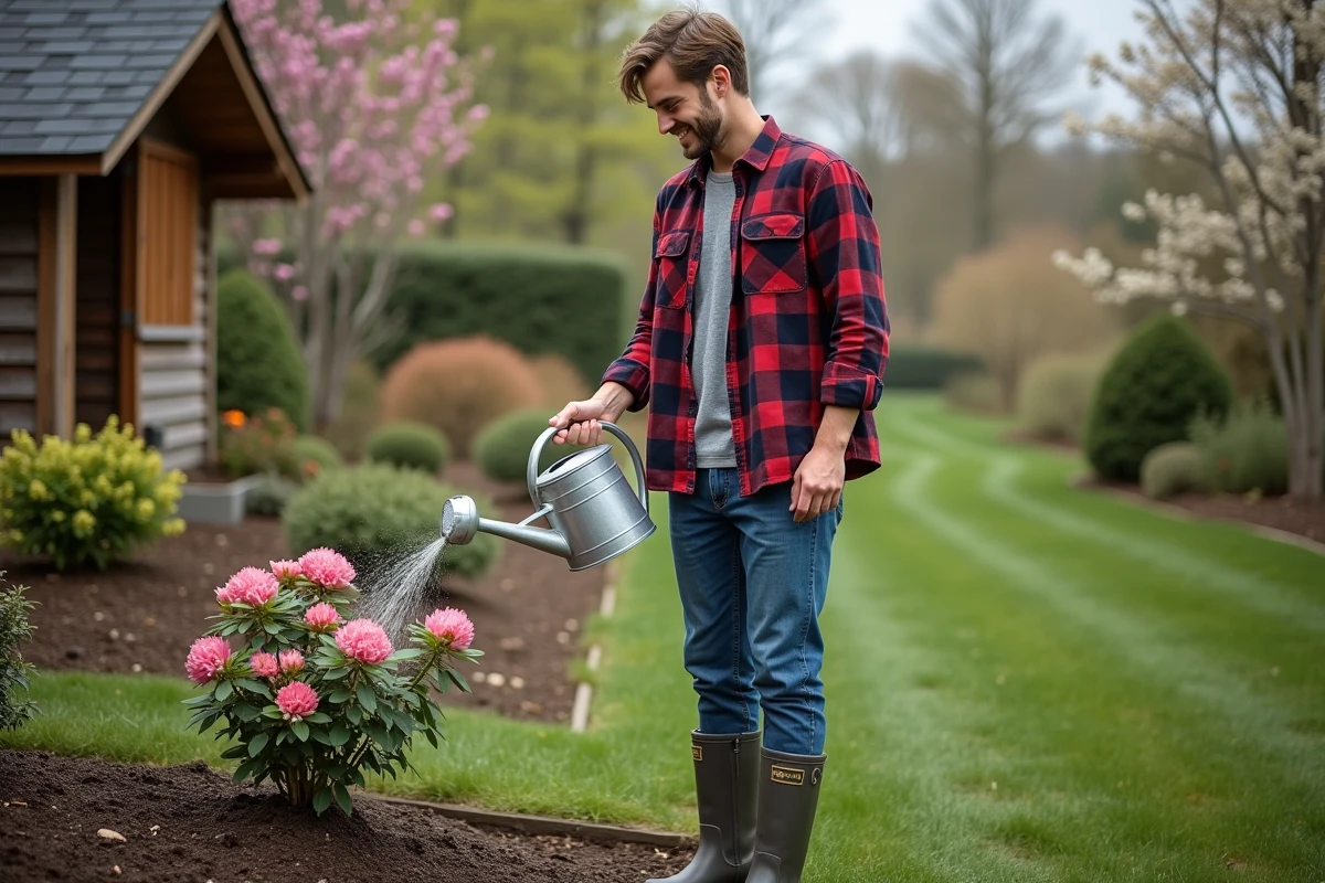 Jeune homme arrosant un rhododendron dans le jardin