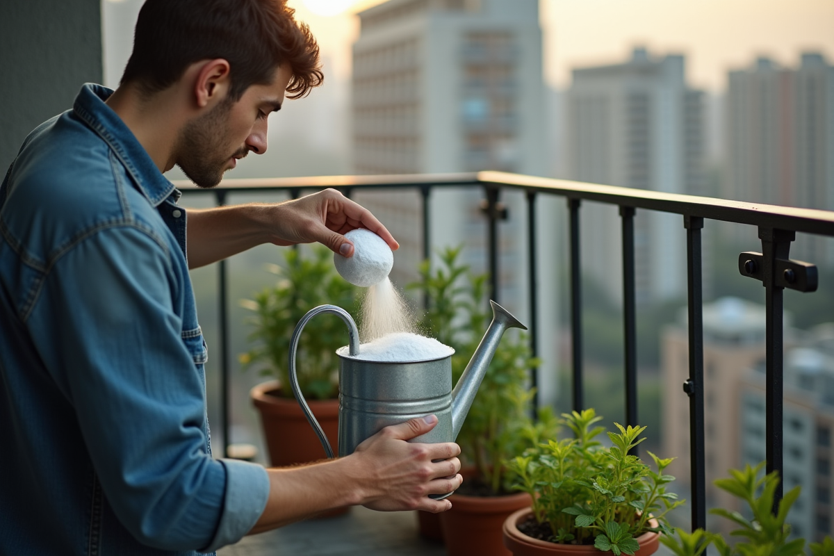 Jeune homme préparant du bicarbonate pour ses herbes en balcon