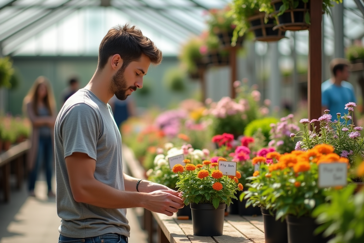 Jeune homme choisissant des plantes au jardin