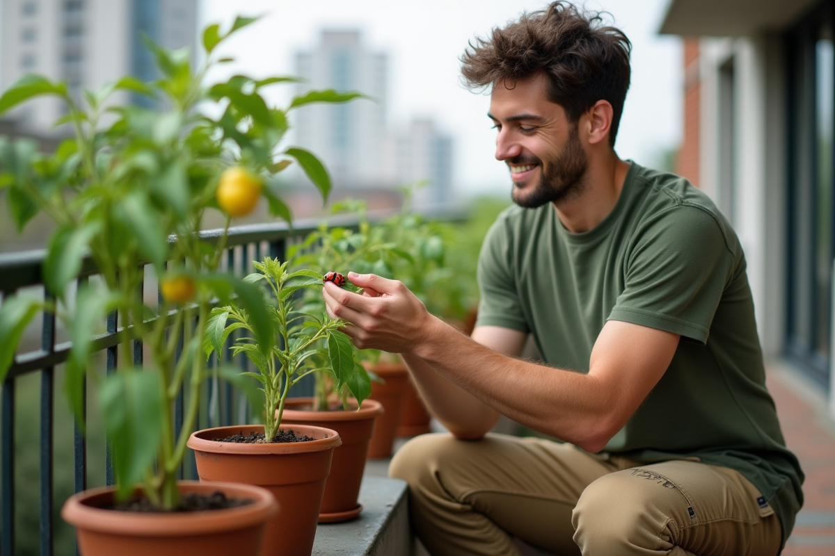Jeune homme relâchant une coccinelle sur une plante en pot