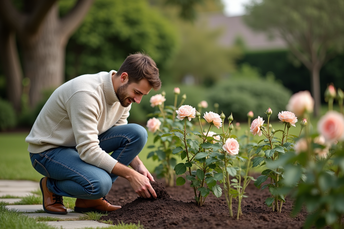 Jeune homme mulchant des rosiers dans le jardin