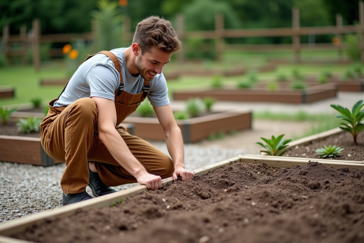 Jeune homme arrangeant des bordures en jardin communautaire