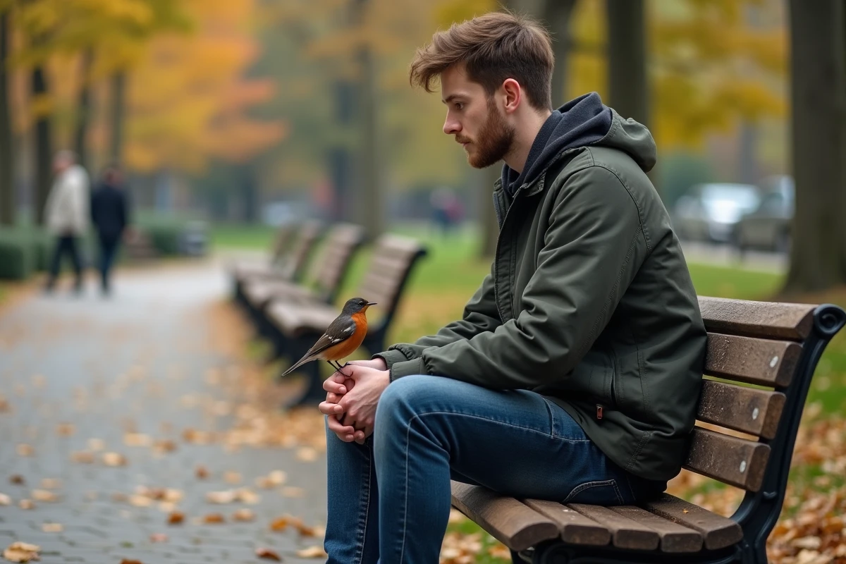 Jeune homme assis sur un banc regardant un rouge-gorge