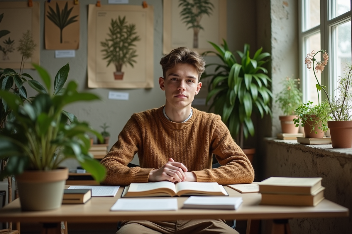 Jeune homme étudiant entouré de plantes et livres de botanique
