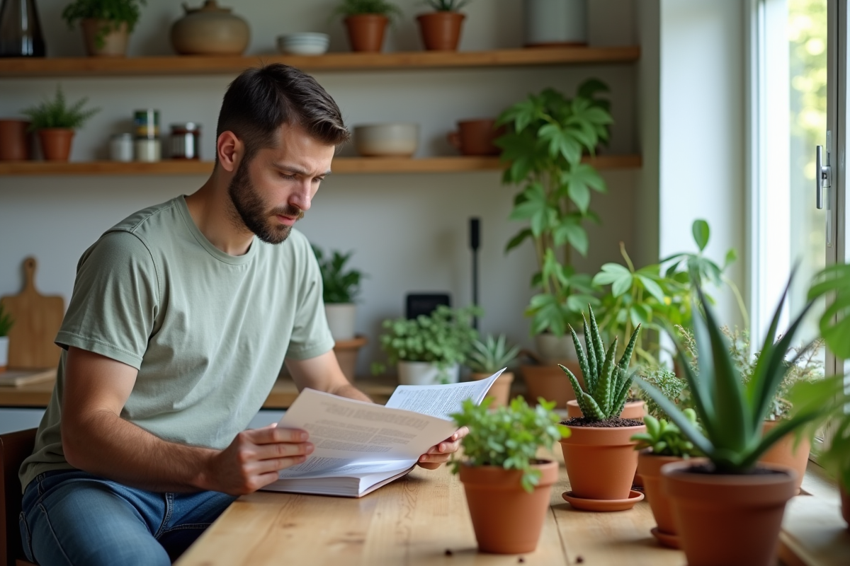 Jeune homme lit guide de soin des plantes en cuisine