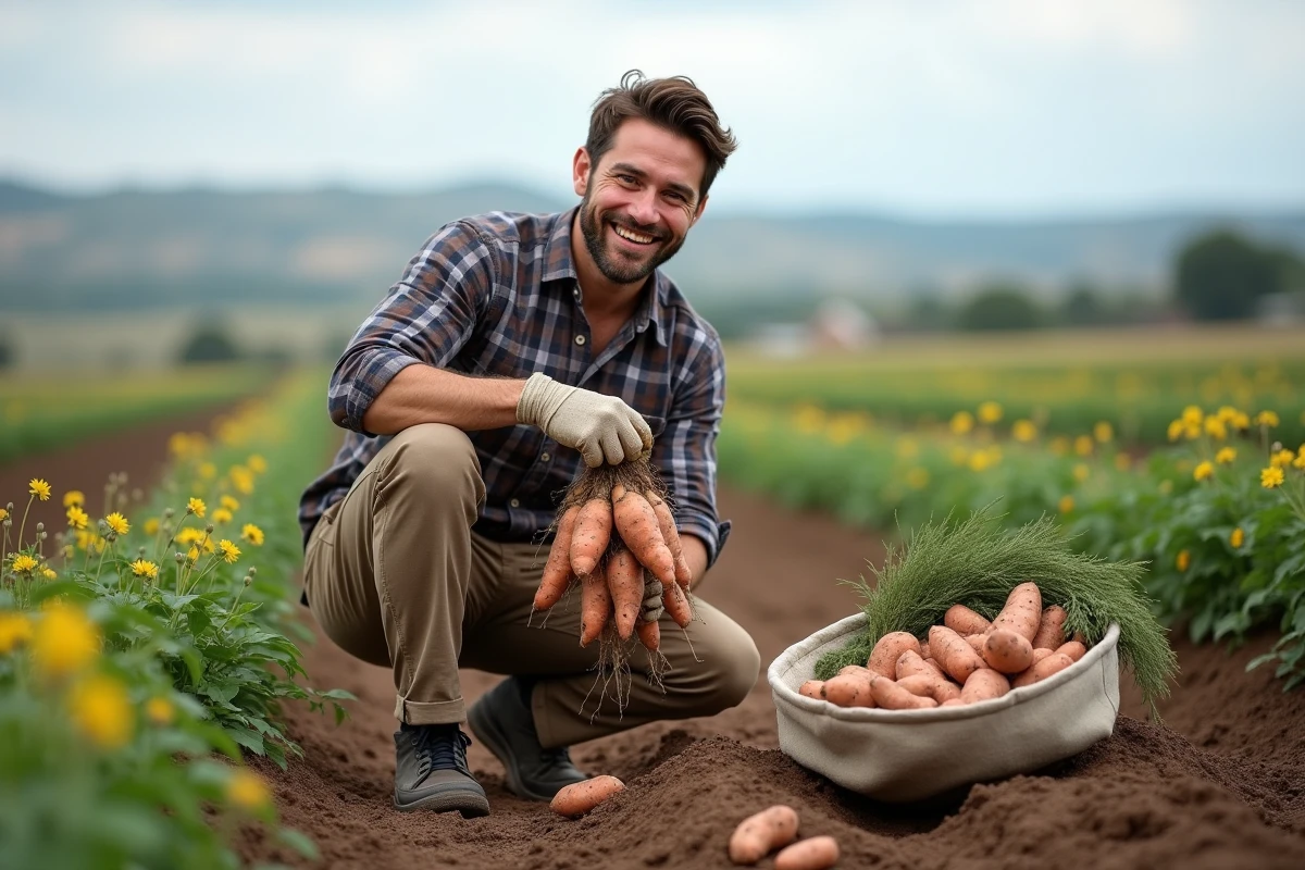Jeune homme récoltant des patates douces dans un champ