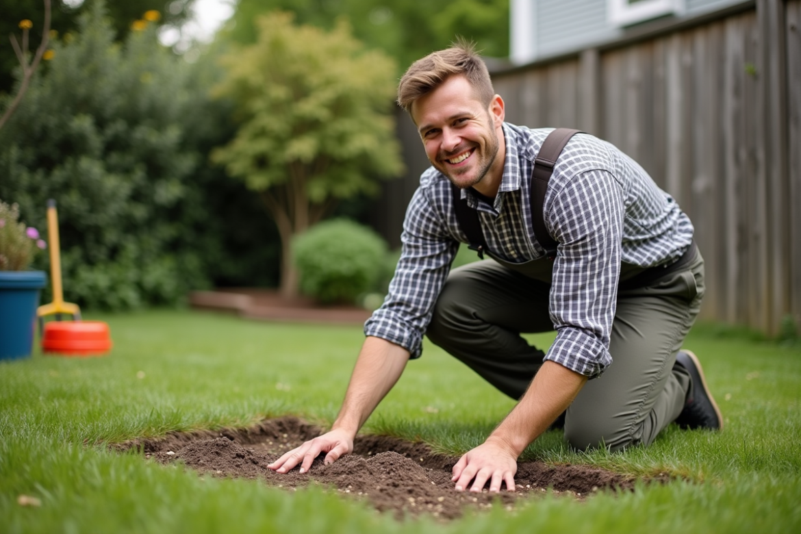 Jeune homme souriant en train de semer dans son jardin