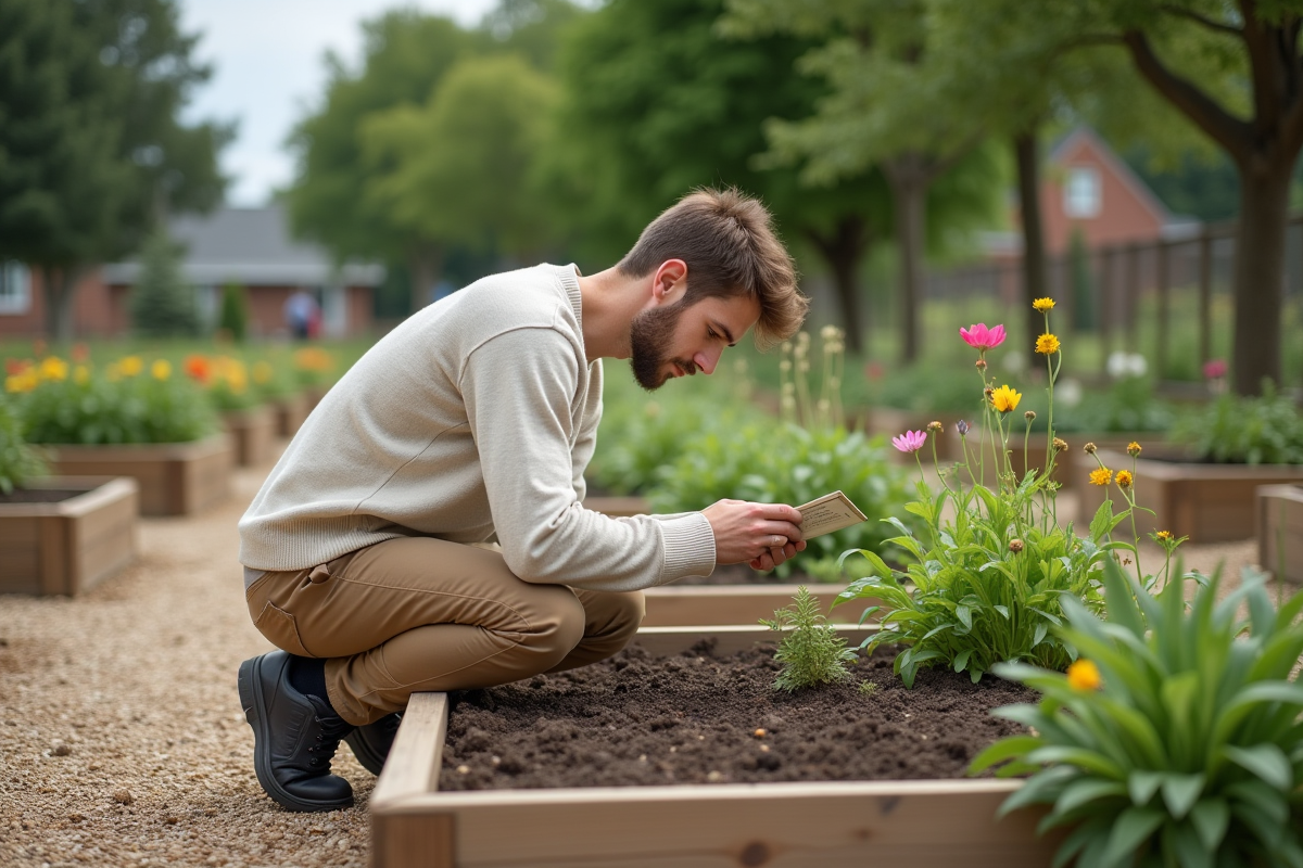 Jeune homme lisant une sachet de graines dans un jardin communautaire