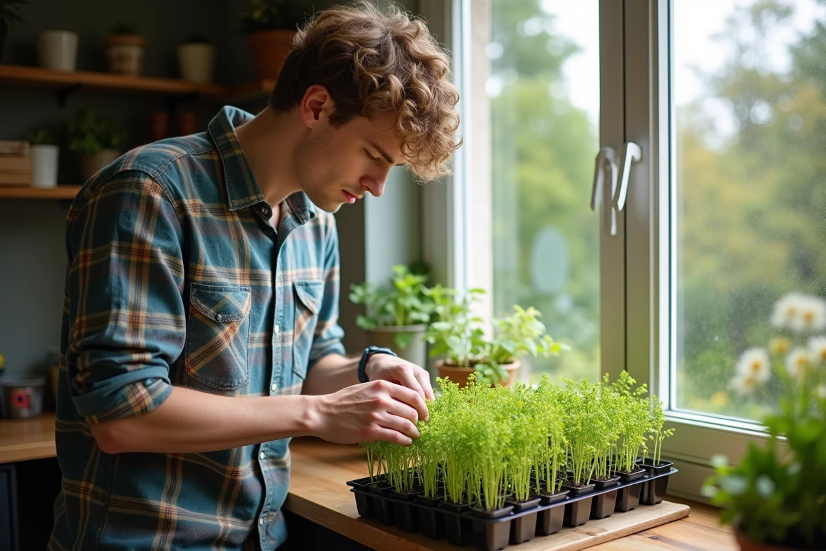Jeune homme inspectant des jeunes plants de lisianthus près d
