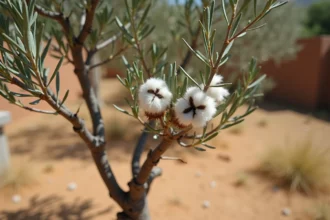 Jeune olivier infesté de cochenilles avec amas cotonneux blancs visibles sur les branches et les feuilles