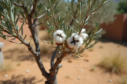 Jeune olivier infesté de cochenilles avec amas cotonneux blancs visibles sur les branches et les feuilles