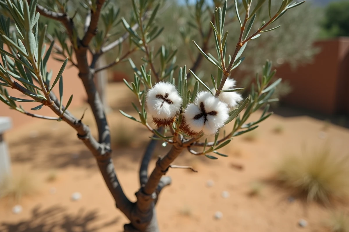Jeune olivier infesté de cochenilles avec amas cotonneux blancs visibles sur les branches et les feuilles
