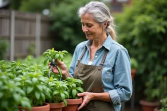 Femme en jardinage pinçant basilic dans son jardin