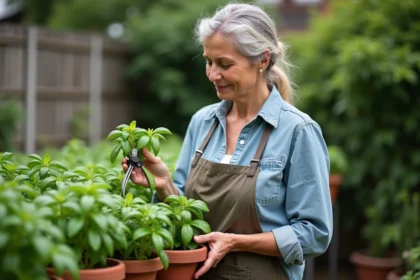 Femme en jardinage pinçant basilic dans son jardin