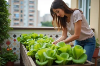 Jeune femme récoltant de la laitue sur un balcon urbain